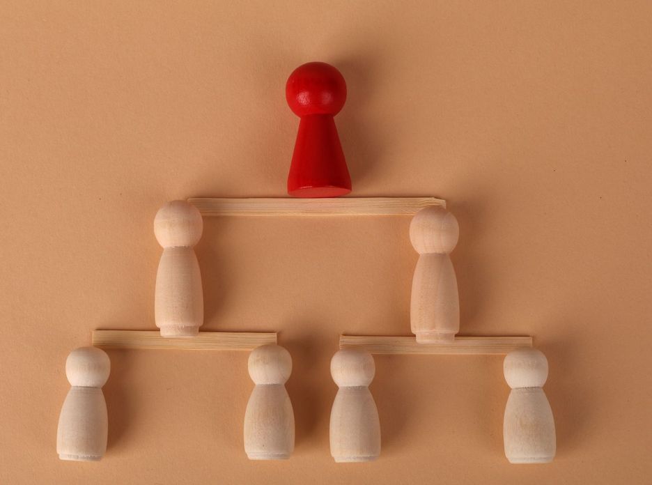 Wooden figures arranged to illustrate a hierarchical structure