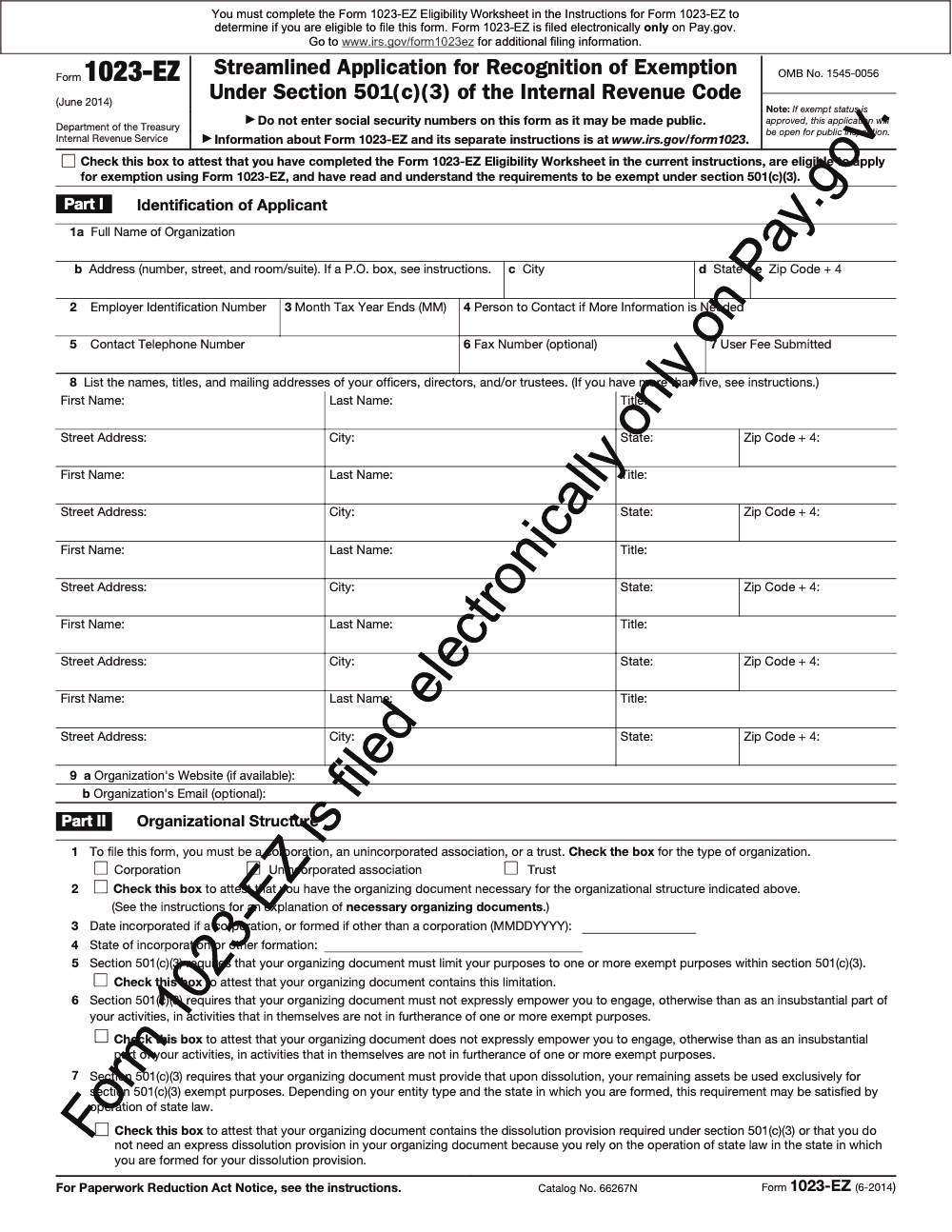 Page 1 of 3 of the official IRS Form 1023-EZ PDF (June 2014 edition): Parts I, II