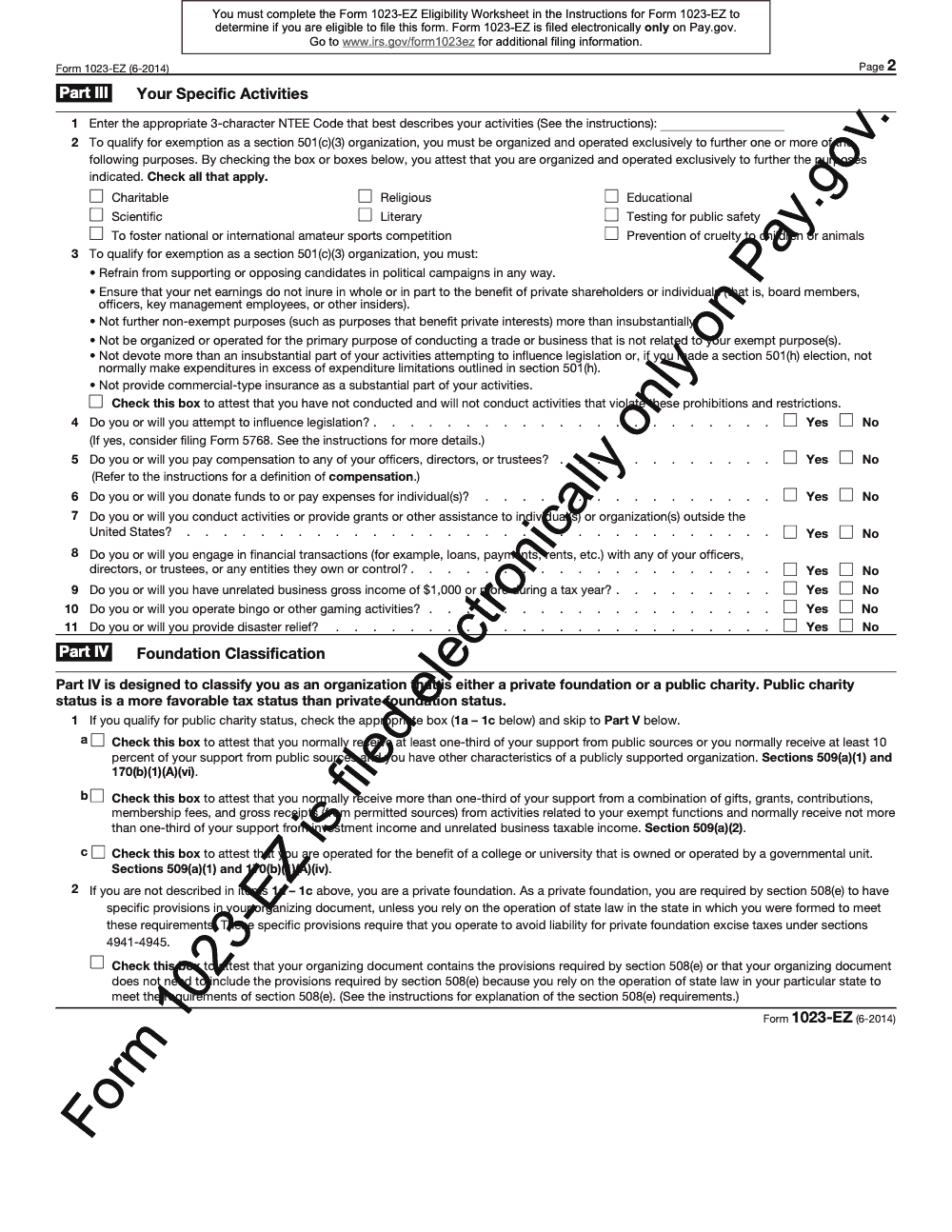 Page 2 of 3 of the official IRS Form 1023-EZ PDF (June 2014 edition): Part III