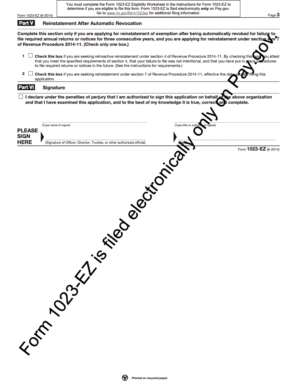 Page 3 of 3 of the official IRS Form 1023-EZ PDF (June 2014 edition): Parts V, VI