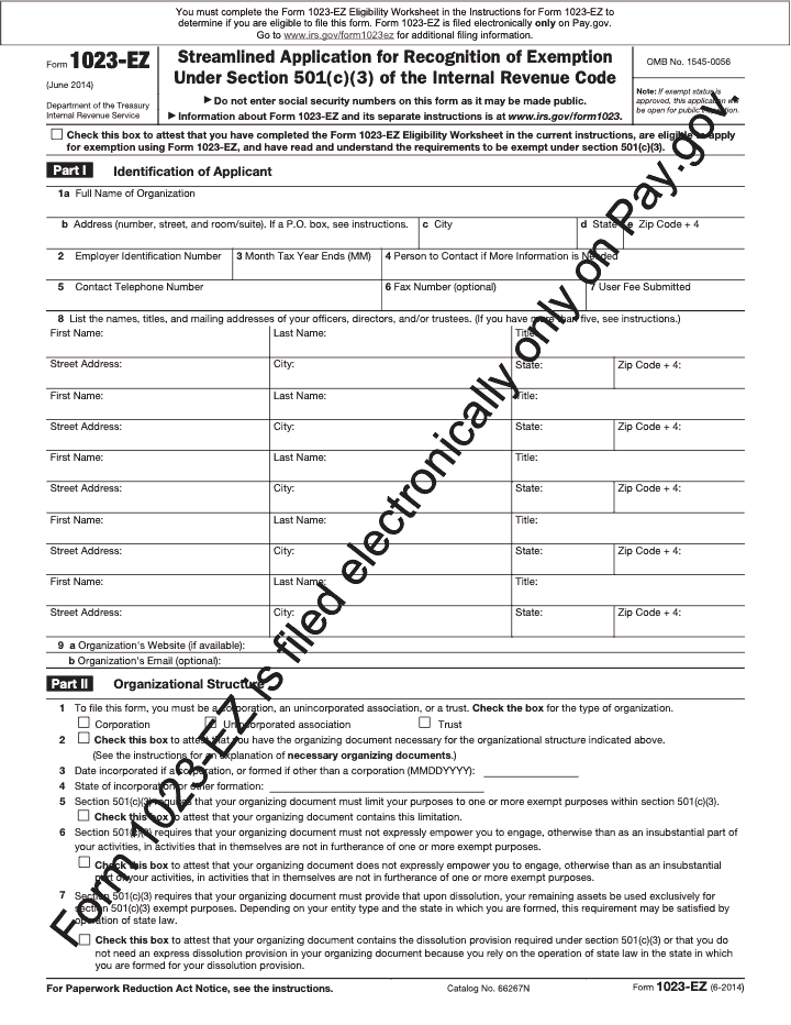 Page 1 of 3 of the official IRS Form 1023-EZ PDF (June 2014 edition): Parts I, II