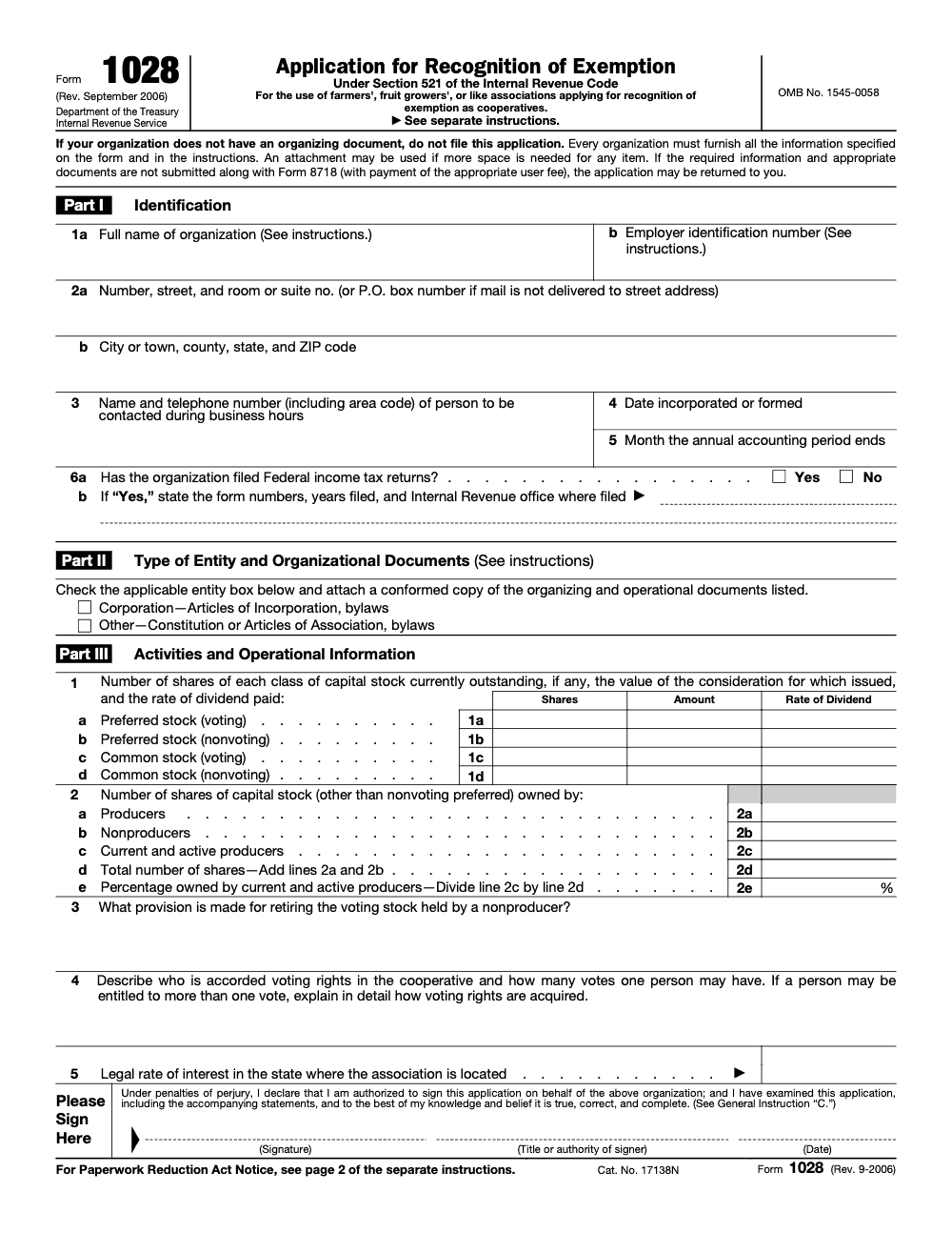 Page 3 of 6 of the official IRS Form 1028 PDF (Rev. September 2006): Parts I, II, III