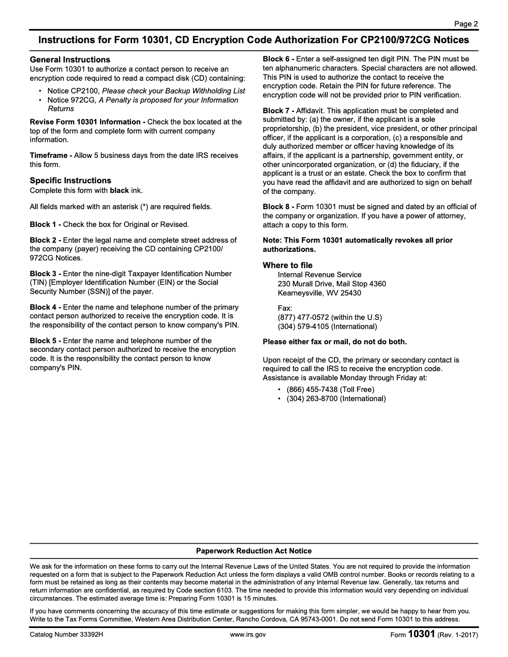 Page 2 of 2 of the official IRS Form 10301 PDF (Rev. January 2017): instructions