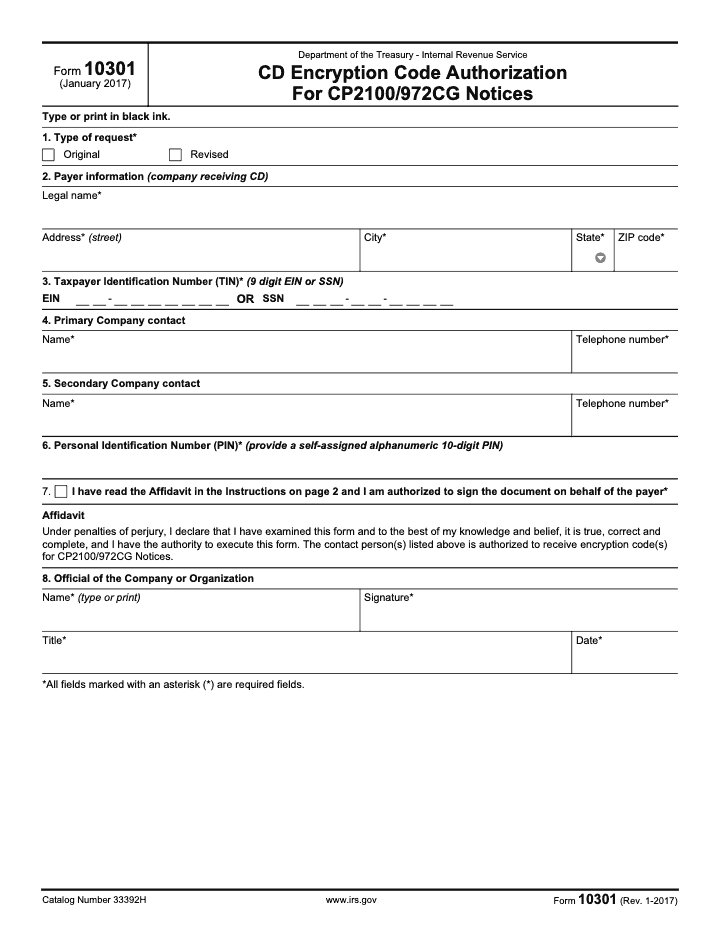 Page 1 of 2 of the official IRS Form 10301 PDF (Rev. January 2017)