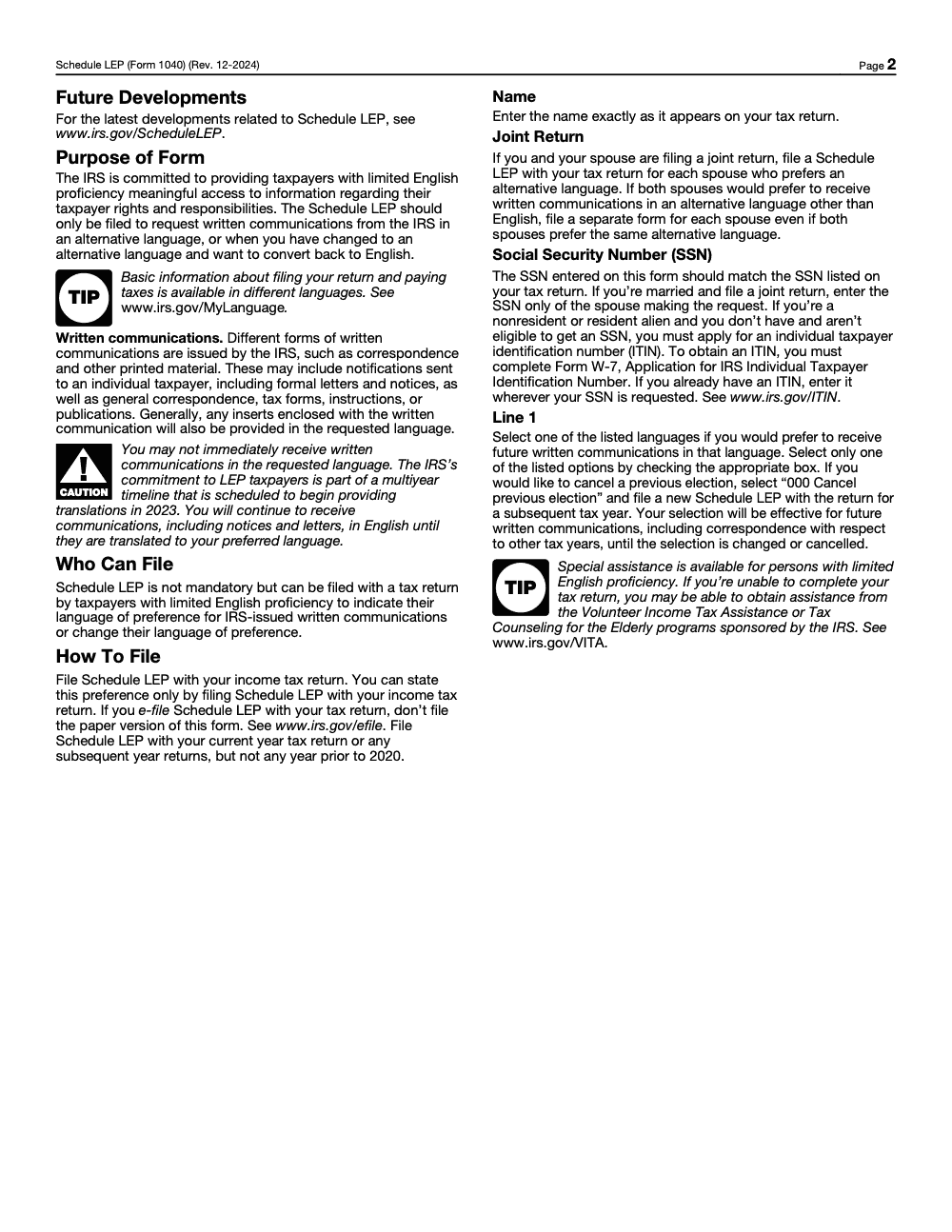 Page 2 of 2 of the official IRS Form 1040 Schedule LEP PDF (Rev. December 2024)