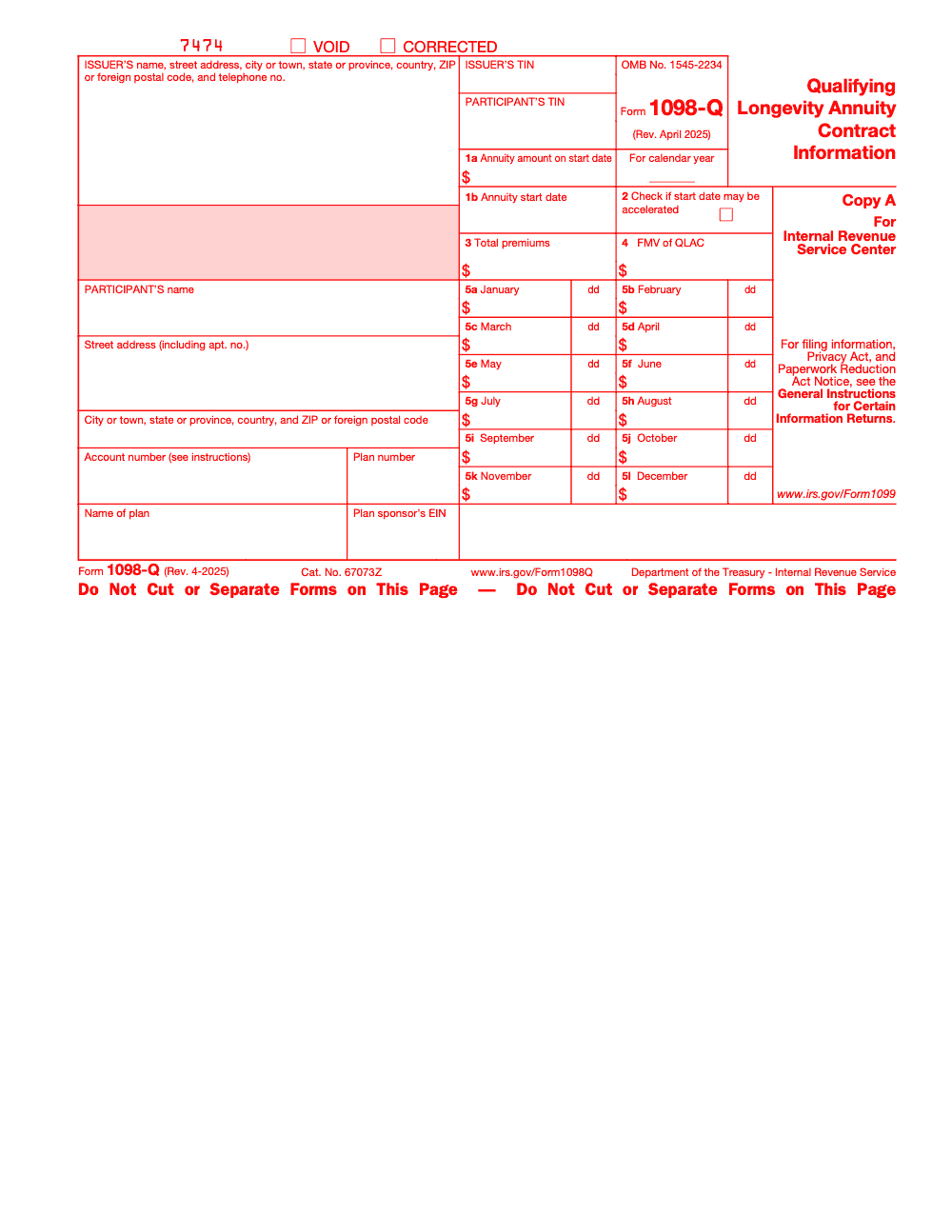 Page 2 of 4 of the official IRS Form 1098‑Q PDF (Rev. April 2025): Copy A; instructions