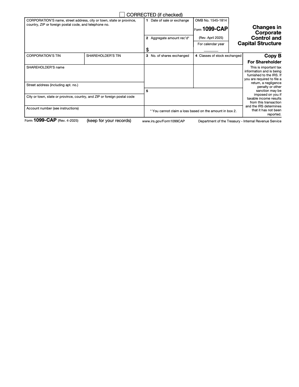 Page 2 of 3 of the official IRS Form 1099-CAP PDF (Rev. April 2025): Copy B