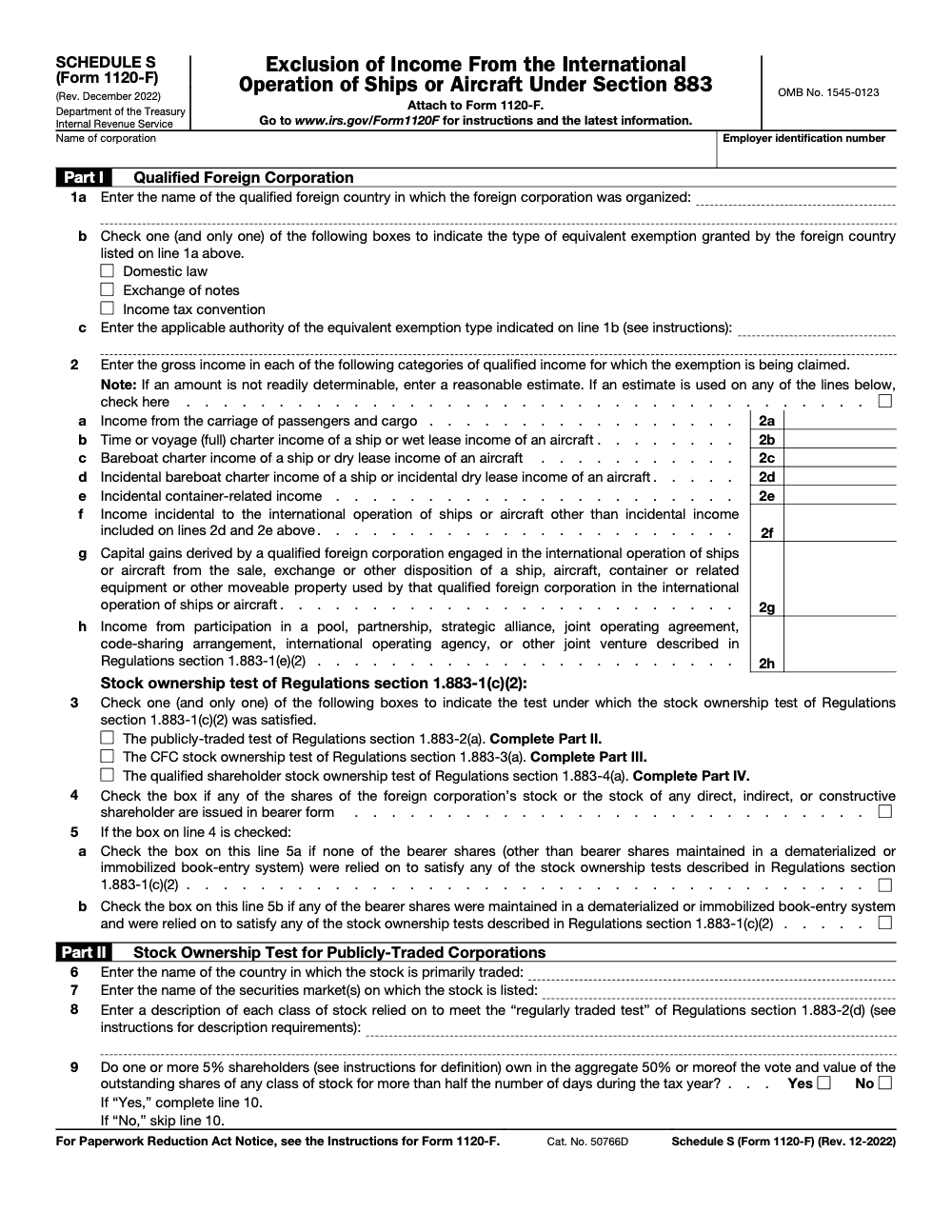 Page 1 of 2 of the official IRS Form 1120-F (Schedule S) PDF (Rev. December 2022): Part I