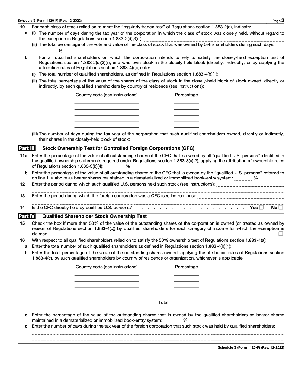 Page 2 of 2 of the official IRS Form 1120-F (Schedule S) PDF (Rev. December 2022): Parts III, IV
