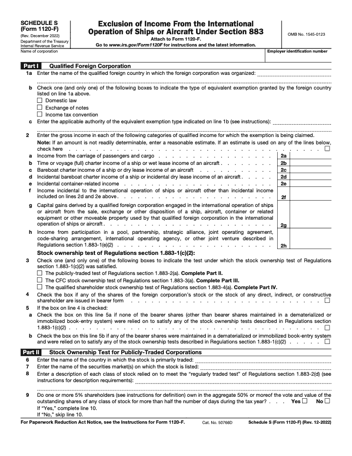 Page 1 of 2 of the official IRS Form 1120-F (Schedule S) PDF (Rev. December 2022): Part I