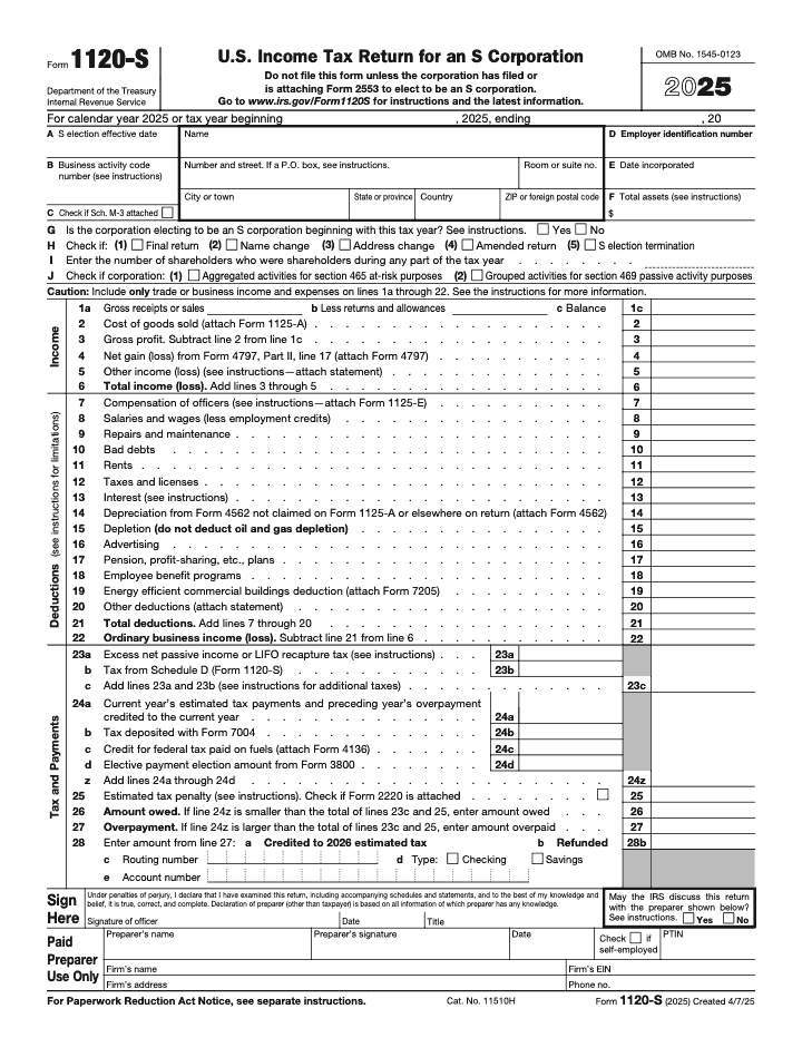 First page of the official IRS Form 1120-S PDF