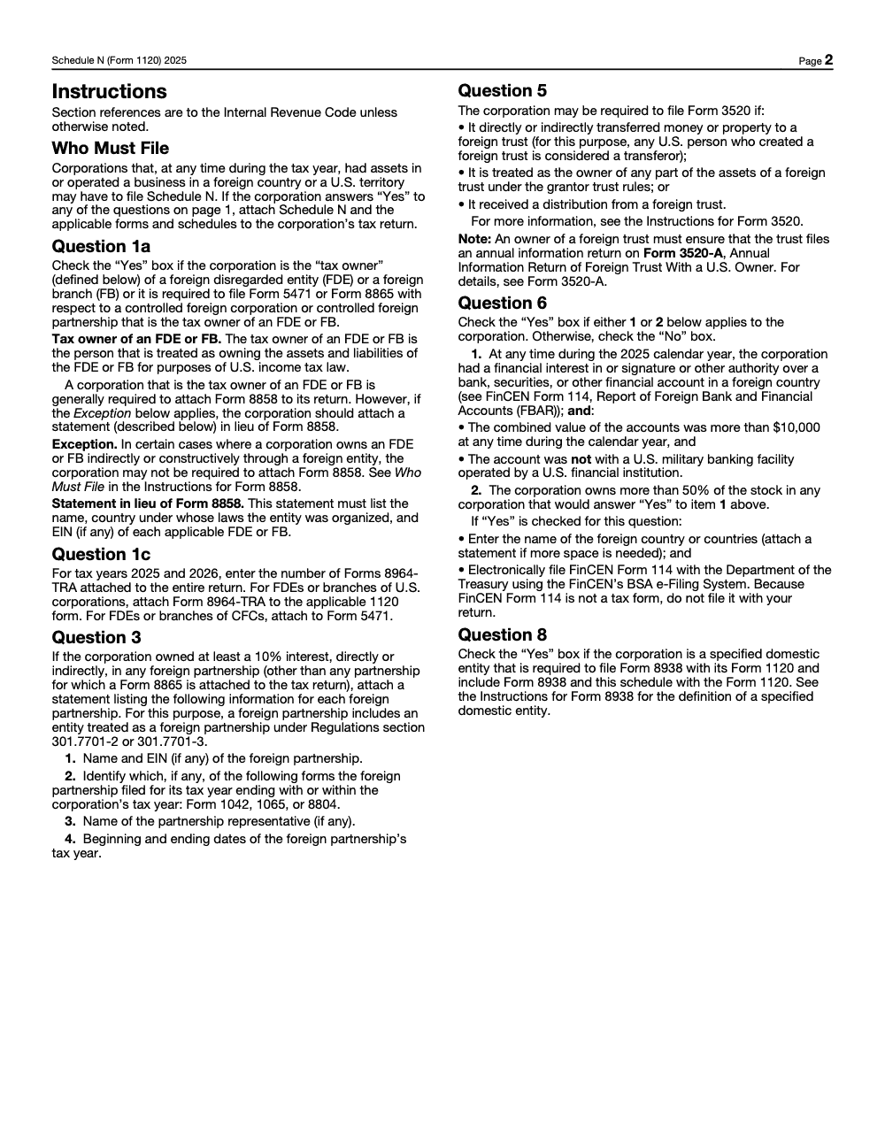 Page 2 of 2 of the official IRS Form 1120 Schedule N PDF (2025 edition)