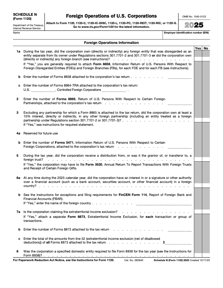 Page 1 of 2 of the official IRS Form 1120 Schedule N PDF (2025 edition)