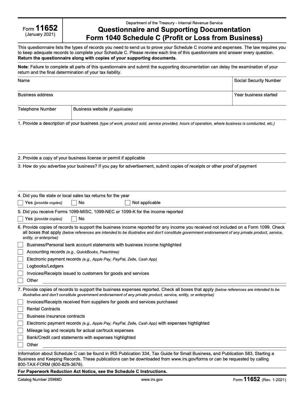 Page 1 of 1 of the official IRS Form 11652 PDF (Rev. January 2021)
