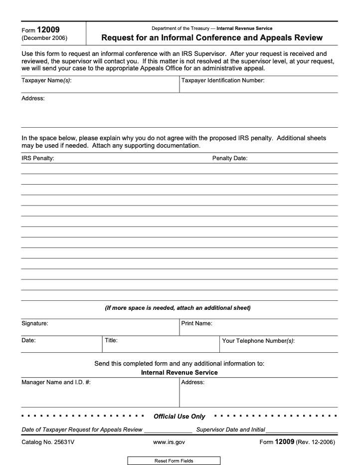 Page 1 of 1 of the official IRS Form 12009 PDF (Rev. December 2006)