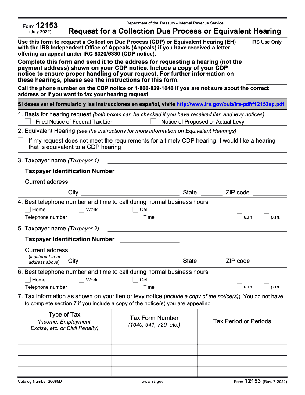 Page 1 of 4 of the official IRS Form 12153 PDF (Rev. July 2022)