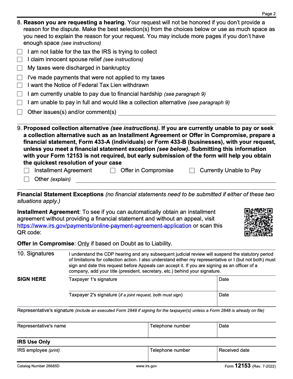 Page 2 of 4 of the official IRS Form 12153 PDF (Rev. July 2022)