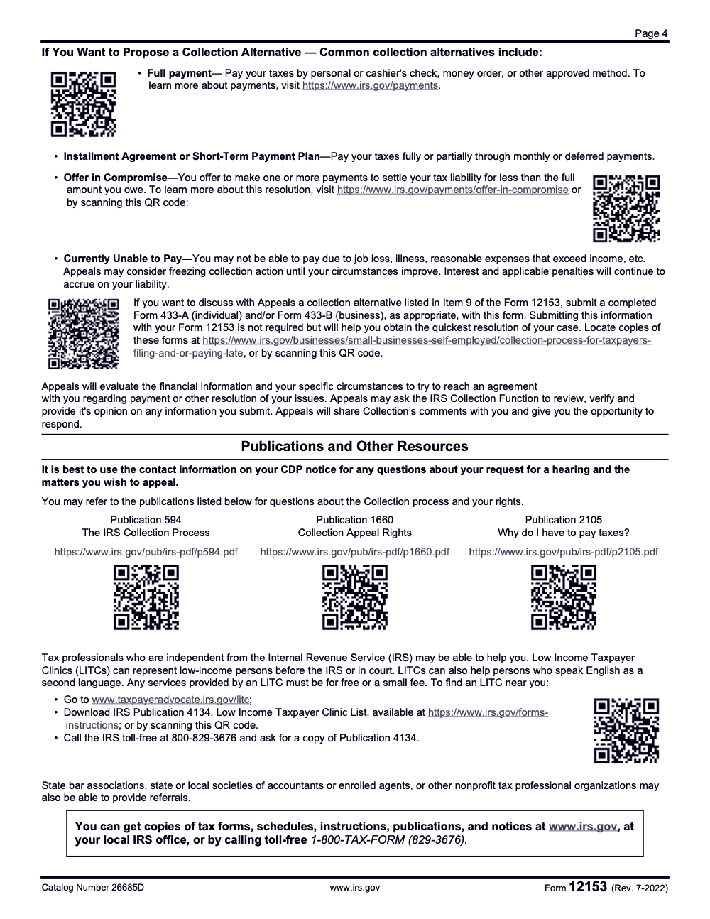 Page 4 of 4 of the official IRS Form 12153 PDF (Rev. July 2022)