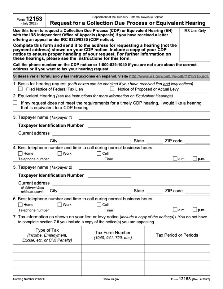 Page 1 of 4 of the official IRS Form 12153 PDF (Rev. July 2022)