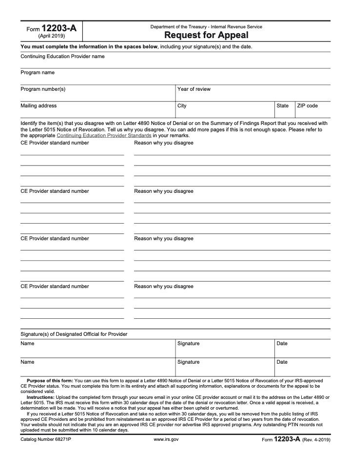 Page 1 of 1 of the official IRS Form 12203-A PDF (Rev. April 2019)