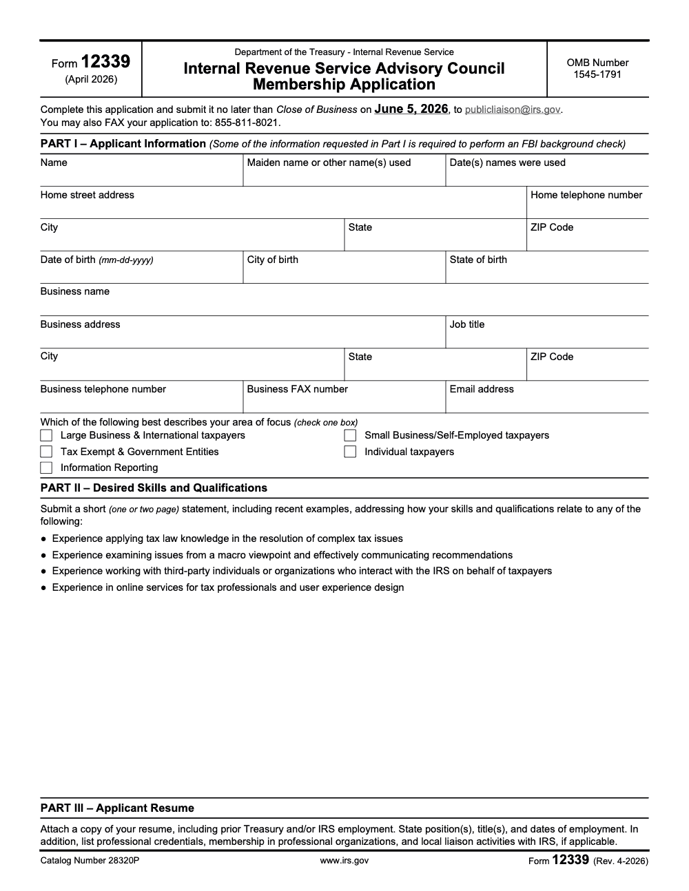 Page 1 of 2 of the official IRS IRS Form 12339 PDF (Rev. April 2026): Part I