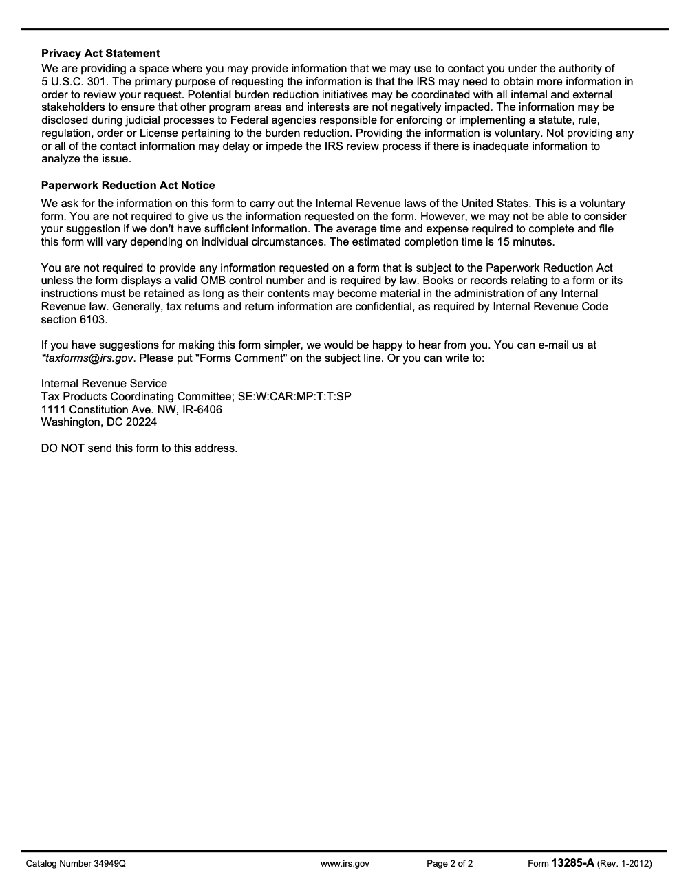 Page 2 of 2 of the official IRS IRS Form 13285-A PDF (Rev. January 2012)