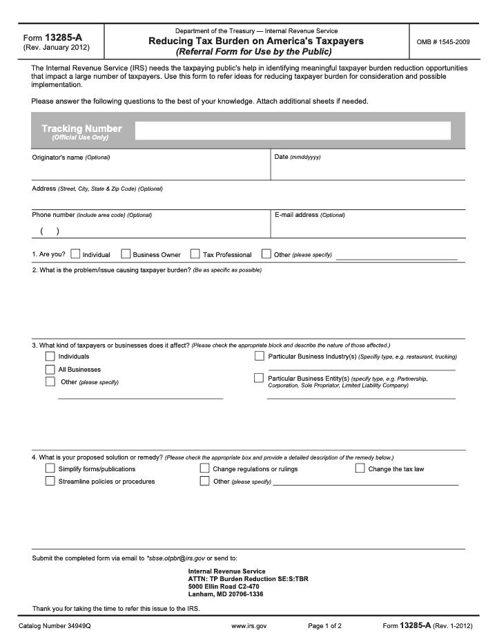 Page 1 of 2 of the official IRS IRS Form 13285-A PDF (Rev. January 2012)
