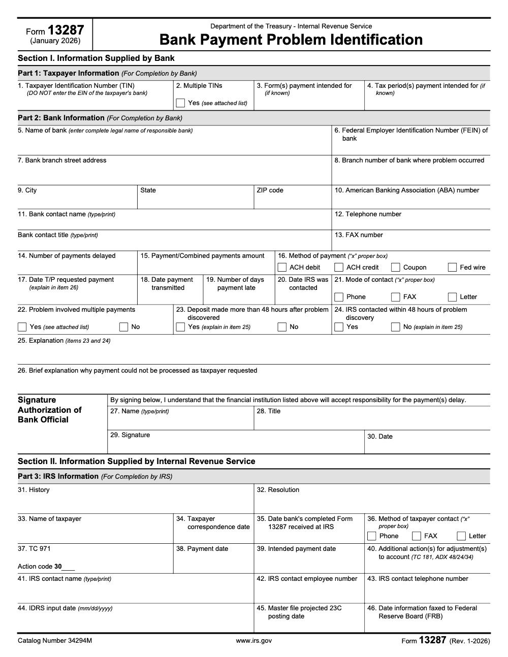 Page 1 of 2 of the official IRS Form 13287 PDF (Rev. January 2026): Parts 1, 2, 3