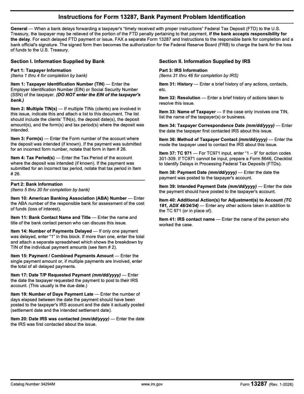 Page 2 of 2 of the official IRS Form 13287 PDF (Rev. January 2026): Parts 1, 2