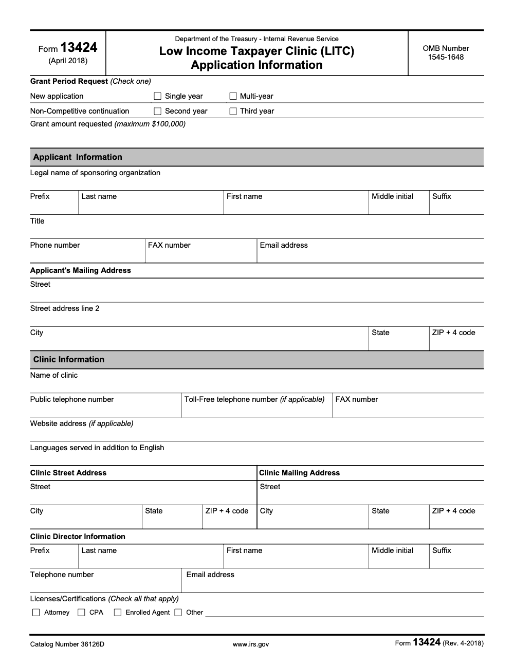 Page 1 of 3 of the official IRS Form 13424 PDF (Rev. April 2018)