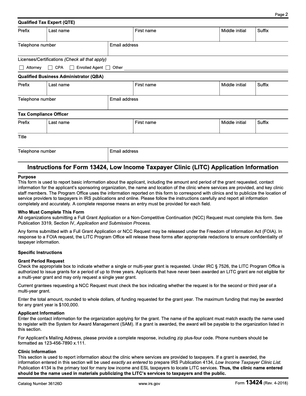 Page 2 of 3 of the official IRS Form 13424 PDF (Rev. April 2018): instructions