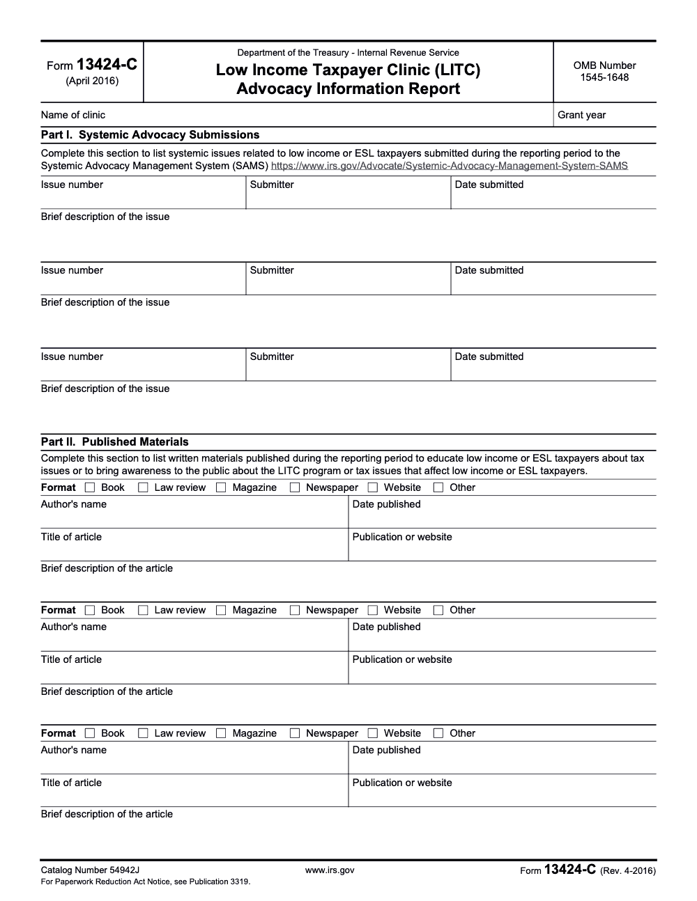Page 1 of 3 of the official IRS Form 13424-C PDF (Rev. April 2016): Parts I, II