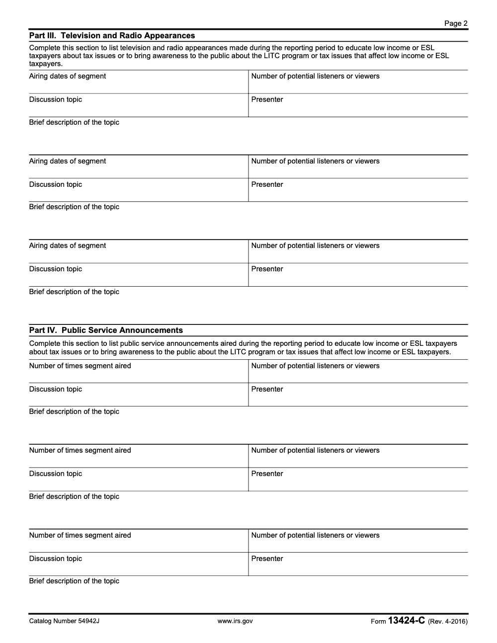 Page 2 of 3 of the official IRS Form 13424-C PDF (Rev. April 2016): Parts III, IV