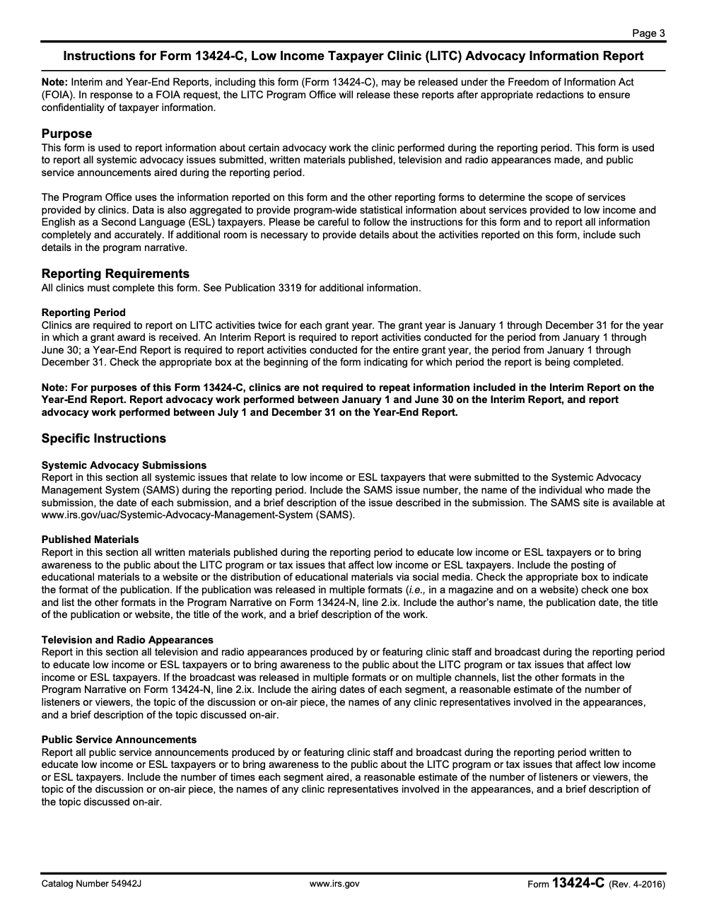 Page 3 of 3 of the official IRS Form 13424-C PDF (Rev. April 2016): instructions