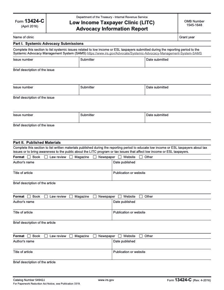Page 1 of 3 of the official IRS Form 13424-C PDF (Rev. April 2016): Parts I, II