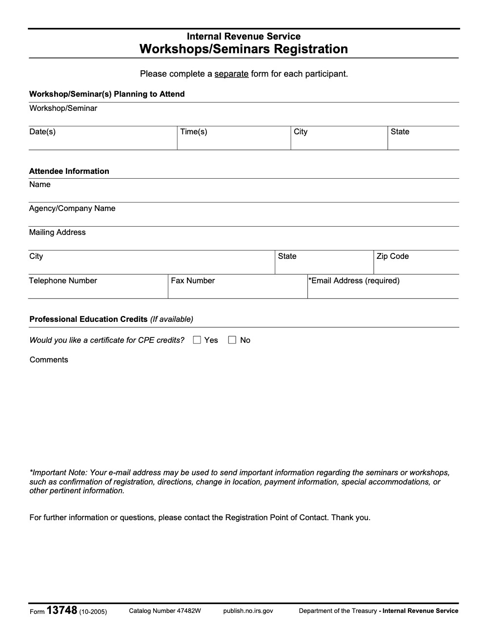 Page 1 of 1 of the official IRS Form 13748 PDF (October 2005 edition)