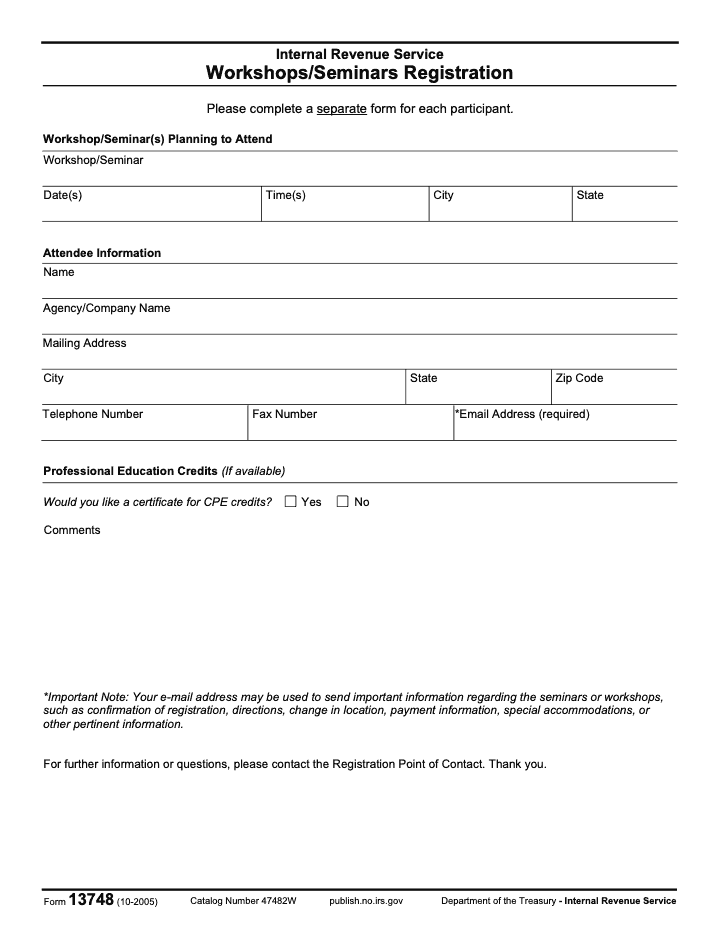 Page 1 of 1 of the official IRS Form 13748 PDF (October 2005 edition)