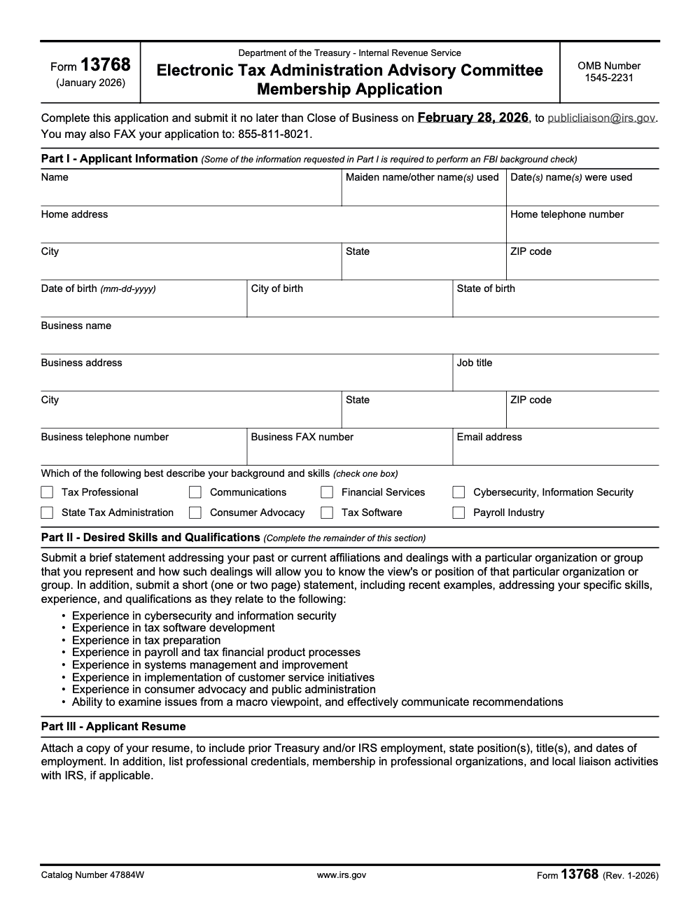 Page 1 of 2 of the official IRS Form 13768 PDF (Rev. January 2026): Parts I, II, III