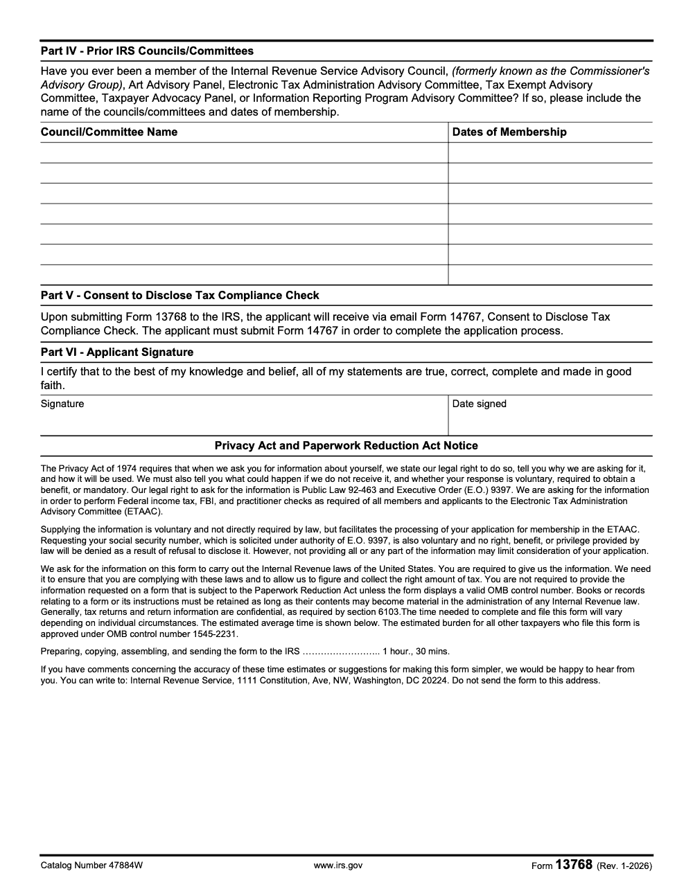 Page 2 of 2 of the official IRS Form 13768 PDF (Rev. January 2026): Parts IV, V, VI