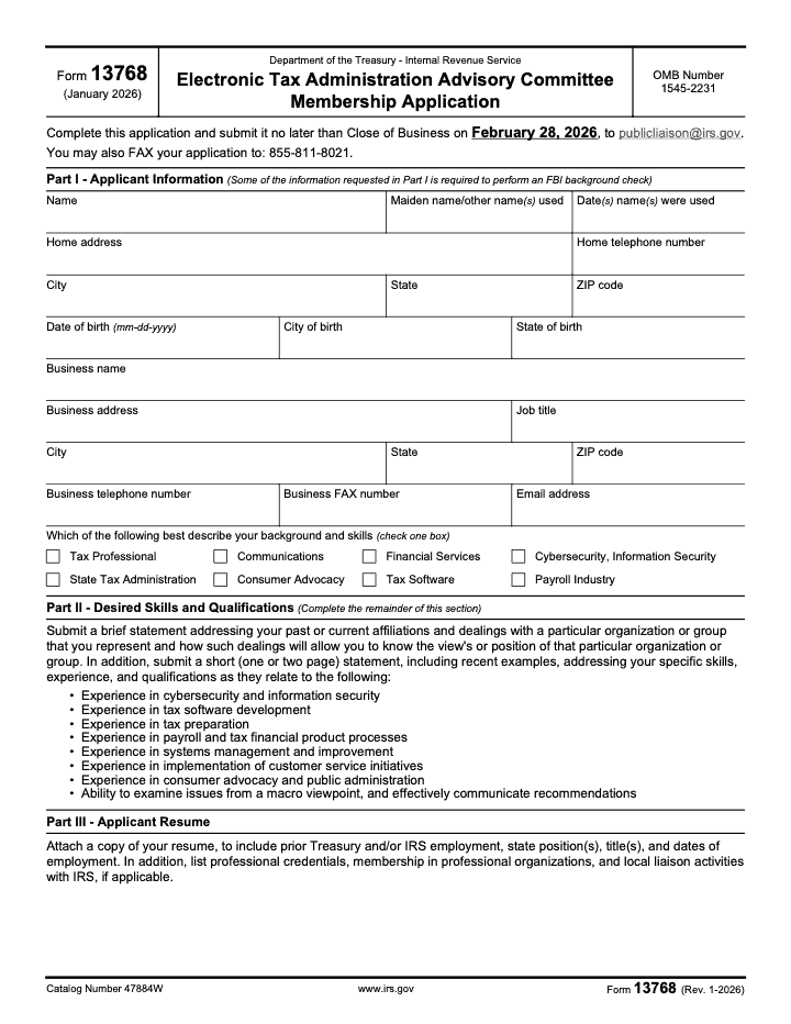 Page 1 of 2 of the official IRS Form 13768 PDF (Rev. January 2026): Parts I, II, III