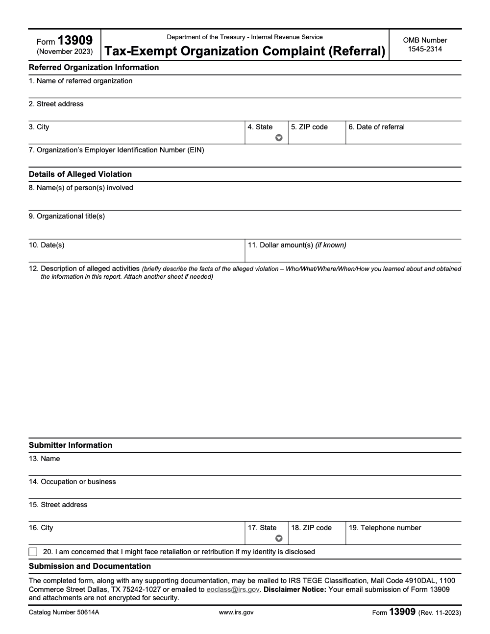 Page 1 of 2 of the official IRS IRS Form 13909 PDF (Rev. November 2023)