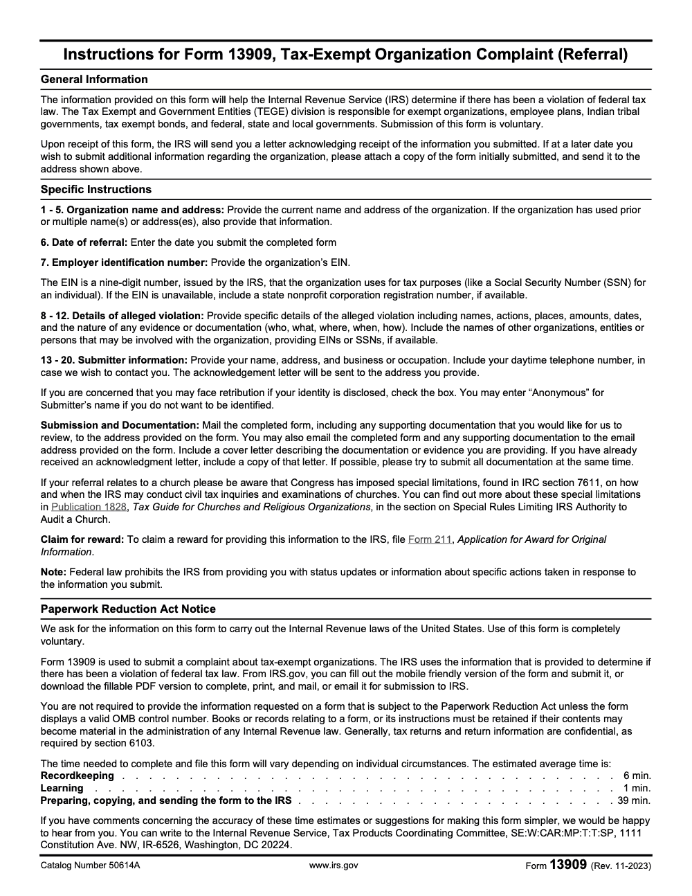 Page 2 of 2 of the official IRS IRS Form 13909 PDF (Rev. November 2023): instructions