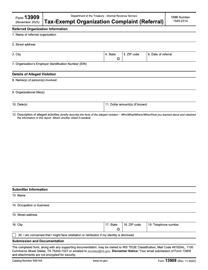 Page 1 of 2 of the official IRS IRS Form 13909 PDF (Rev. November 2023)
