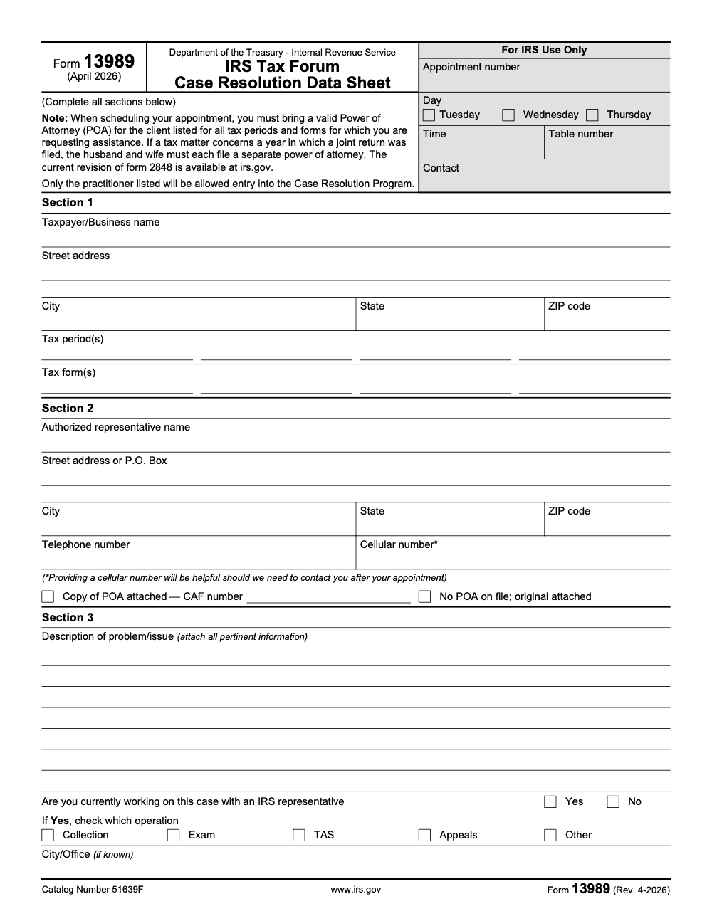 Page 1 of 2 of the official IRS Form 13989 PDF (Rev. April 2026)