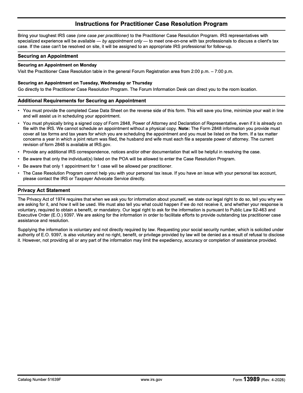 Page 2 of 2 of the official IRS Form 13989 PDF (Rev. April 2026)