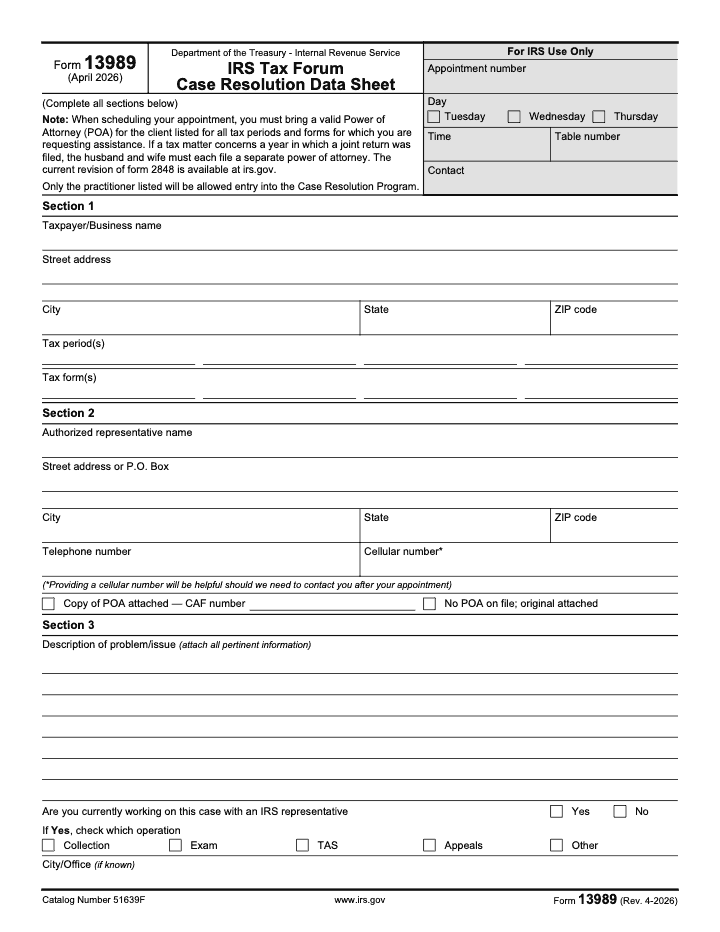 Page 1 of 2 of the official IRS Form 13989 PDF (Rev. April 2026)