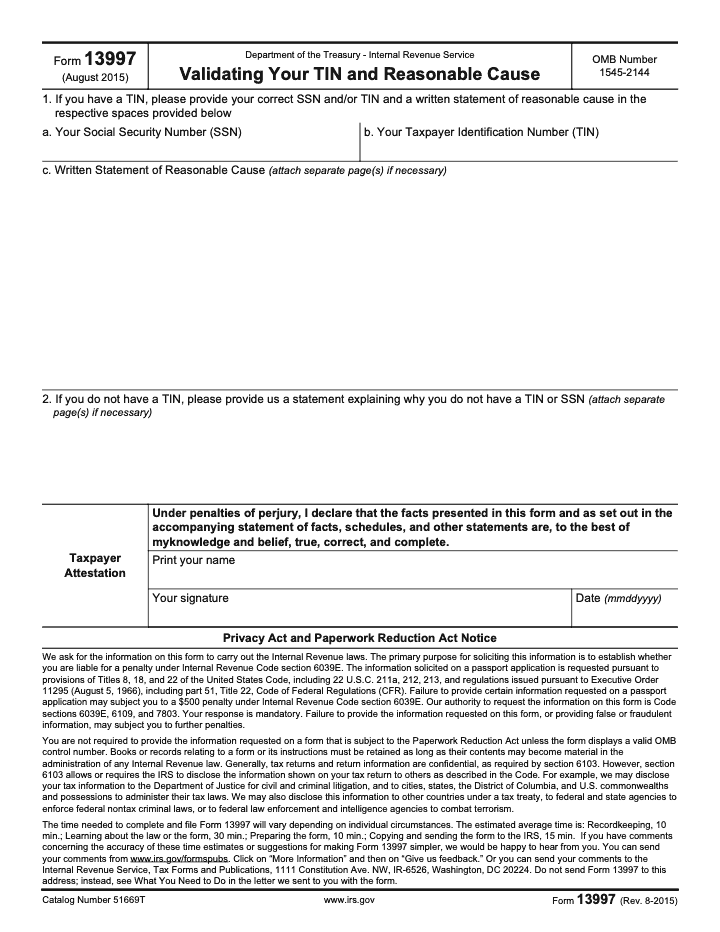 Page 1 of 1 of the official IRS Form 13997 PDF (Rev. August 2015)