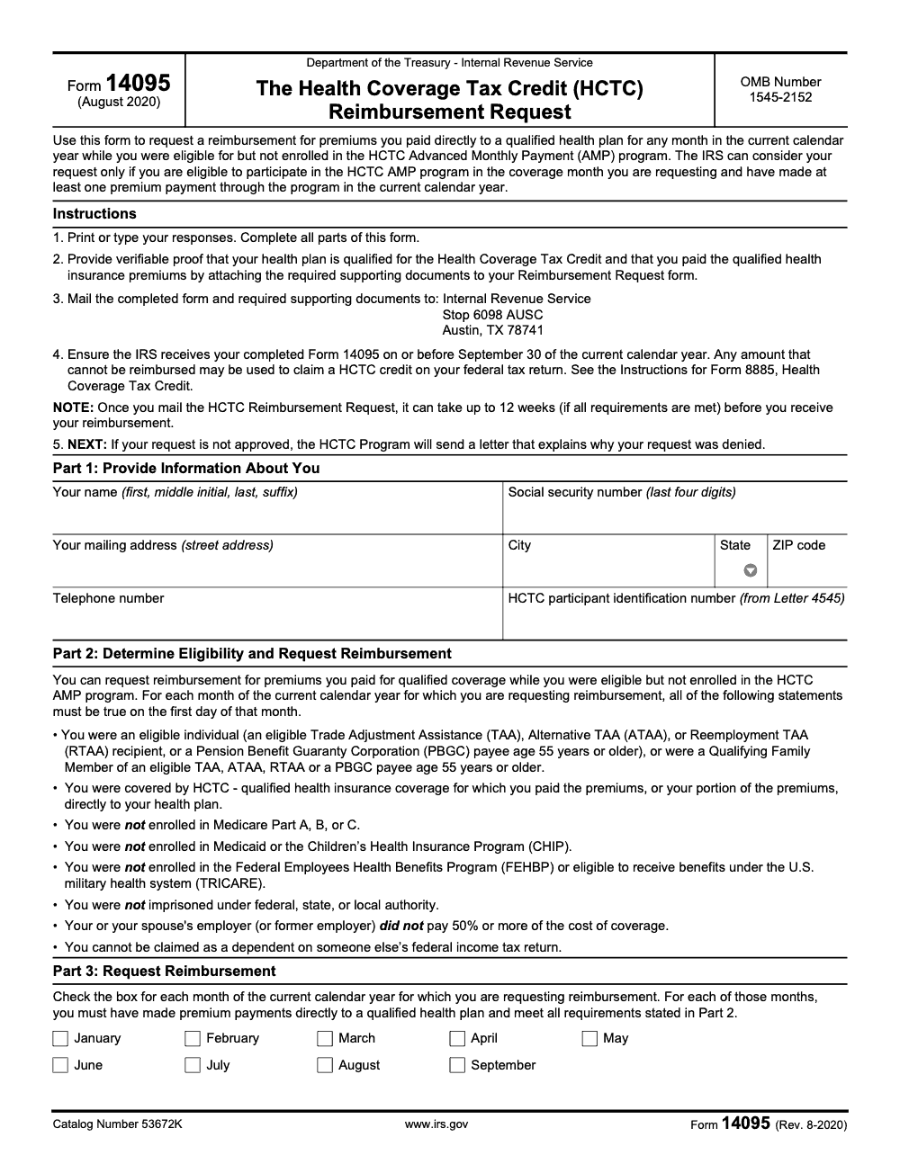 Page 1 of 2 of the official IRS Form 14095 PDF (Rev. August 2020): Parts 1, 2