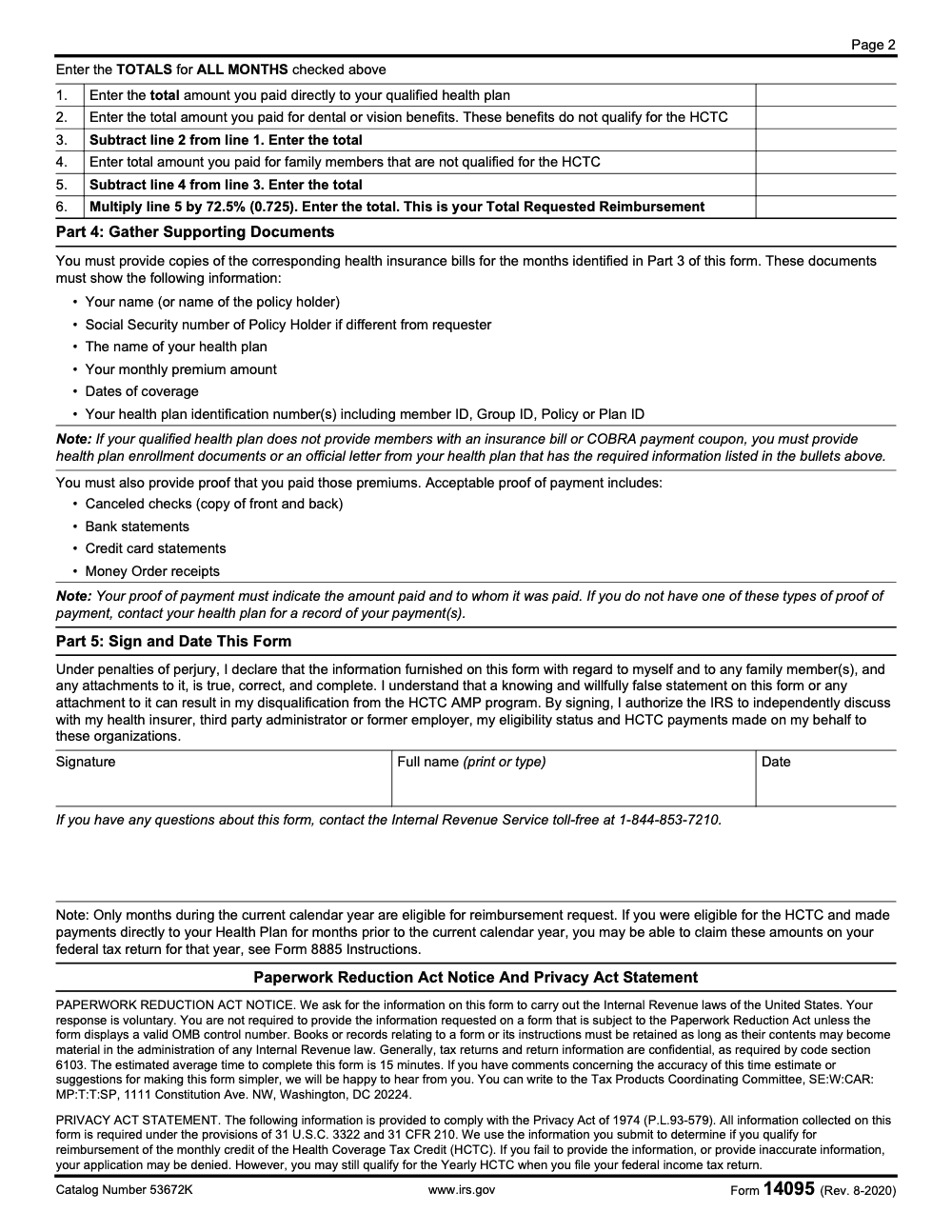 Page 2 of 2 of the official IRS Form 14095 PDF (Rev. August 2020): Parts 4, 3, 5