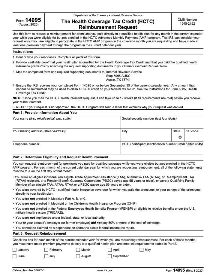 Page 1 of 2 of the official IRS Form 14095 PDF (Rev. August 2020): Parts 1, 2